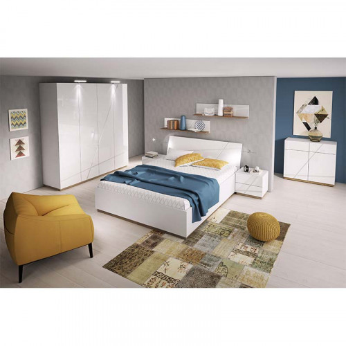 Chambre complète collection Futura en blanc avec armoire, commode, table de chevet et lit double