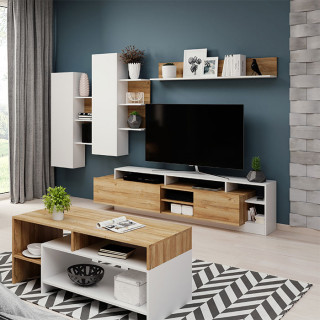 Salon complet de la collection ALVA avec ensemble meuble TV et étagères et table basse.