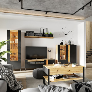 Salon complet de la collection MONO avec vitrine haute, étagère, meuble TV, commode et table basse.
