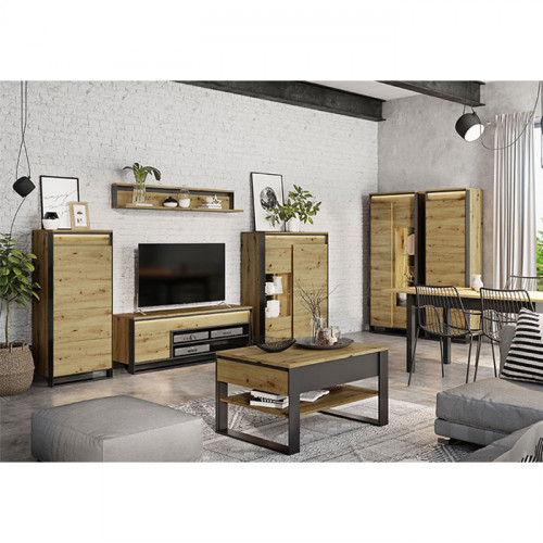 Salon complet de la collection QUANT avec petite armoire, meuble TV, table basse et vitrines.