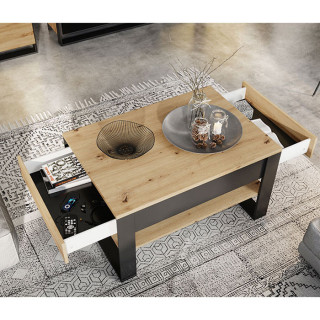Table basse avec tiroirs QUANT en chêne artisan style loft
