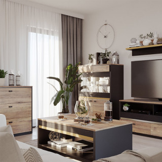 Salon de la collection BELIZE en chêne versal style glamour avec table basse, meuble tv, vitrine et commode.