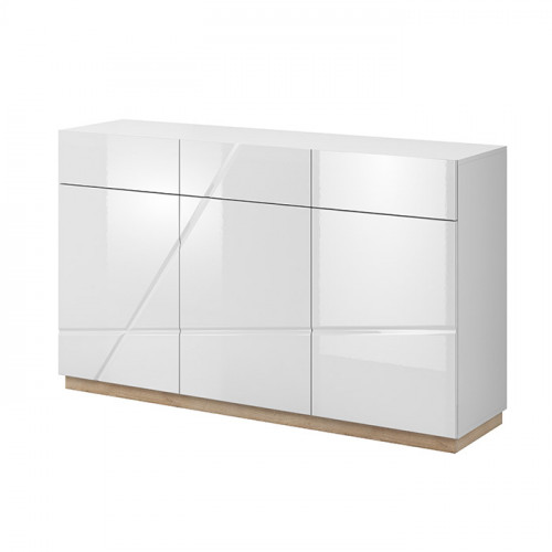 Commode 3 portes avec tiroirs FUTURA en blanc brillant et chêne riviera