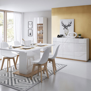 Salon de la collection FUTURA en blanc brillant avec commode 3 portes et tiroirs, table extensible et vitrine.