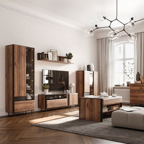 Salon complet de la collection BORGA en couleur chêne catania avec meuble TV, vaisselier, table basse et étagère murale.