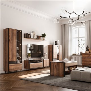 Salon de collection BORGA en couleur chêne catania avec meuble TV, étagère murale, vaisseliers et table basse.
