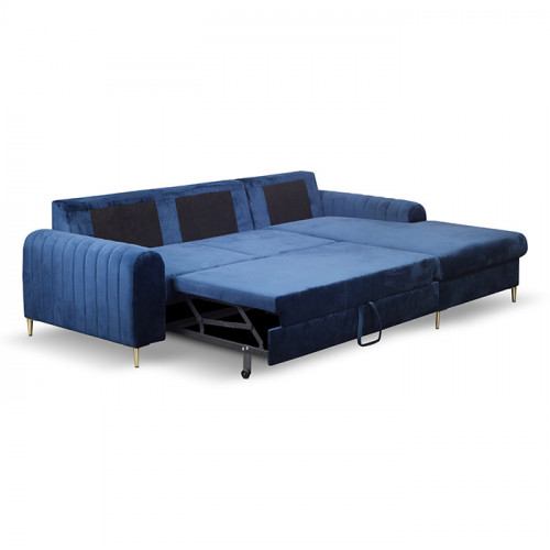 Canapé d'angle convertible velours bleu marine avec coffre de rangement MONACO