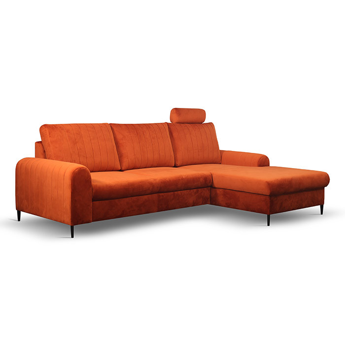 Canapé d'angle convertible velours orange avec coffre de rangement MONACO