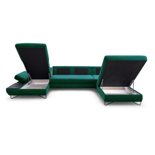 Canapé panoramique en U convertible vert avec coffre de rangement LOFT 3 angle gauche