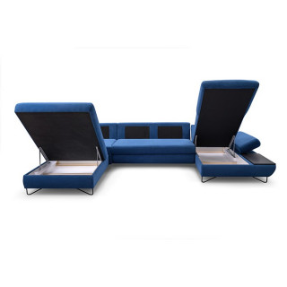 Canapé panoramique en U convertible bleu avec coffre de rangement LOFT 3 version droite