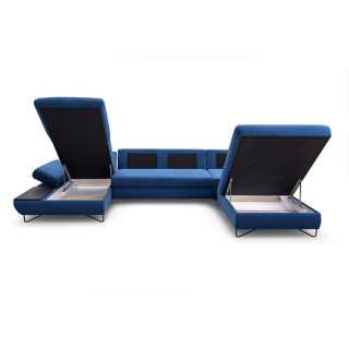 Canapé panoramique en U convertible bleu avec coffre de rangement LOFT 3 version gauche