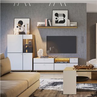 Meuble TV MODICO avec éclairage largeur 160 cm blanc et chêne
