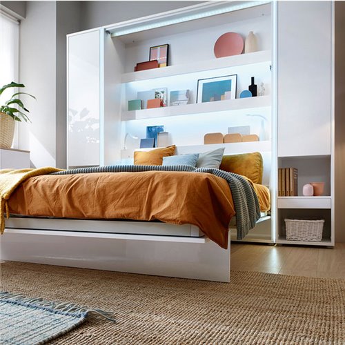 Lit escamotable BED CONCEPT 120x200 vertical avec rangements intégrés blanc brillant