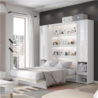 Lit escamotable BED CONCEPT 140x200 vertical avec rangements intégrés blanc brillant