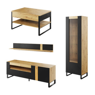 Pack mobilier MONO pour salon bois et noir avec éclairage LED (table basse + meuble TV + étagère + vaisselier)