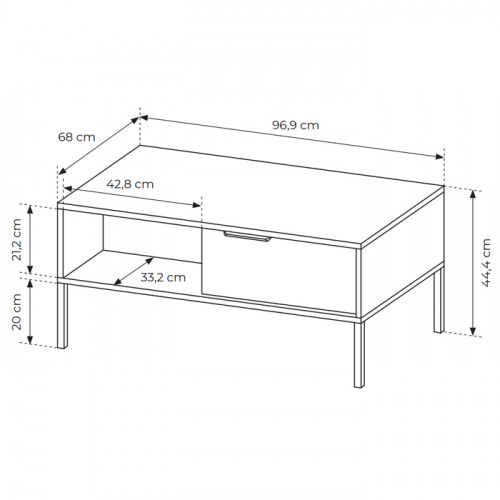 Dimensions table basse avec tiroirs WAVE couleur noir et chêne viking